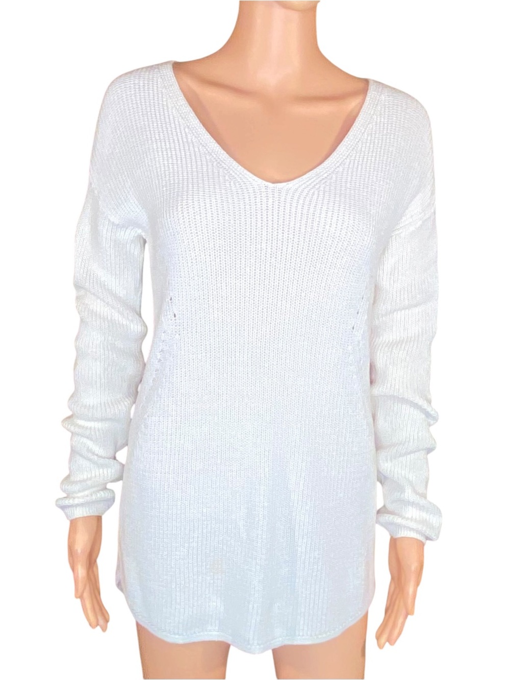 a.n.a Cable Knit Cream Sweater Ribbed Lightweight V-Neck Longer Length SZ Med
